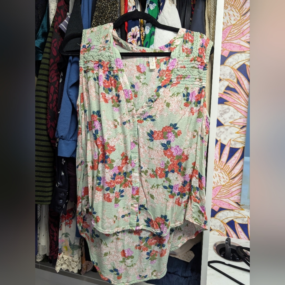 ANTHROPOLOGIE (Meadow Rue) Tank Top Button Front Green Floral, size 14